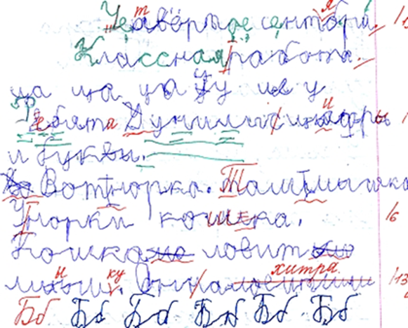 Пример диспраксии письма у ученика 2-го класса